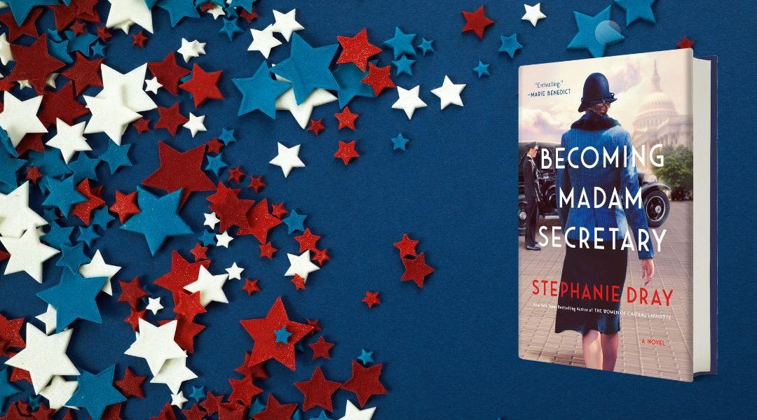 Blue and stars background with the cover of Becoming Madam Secretary on it