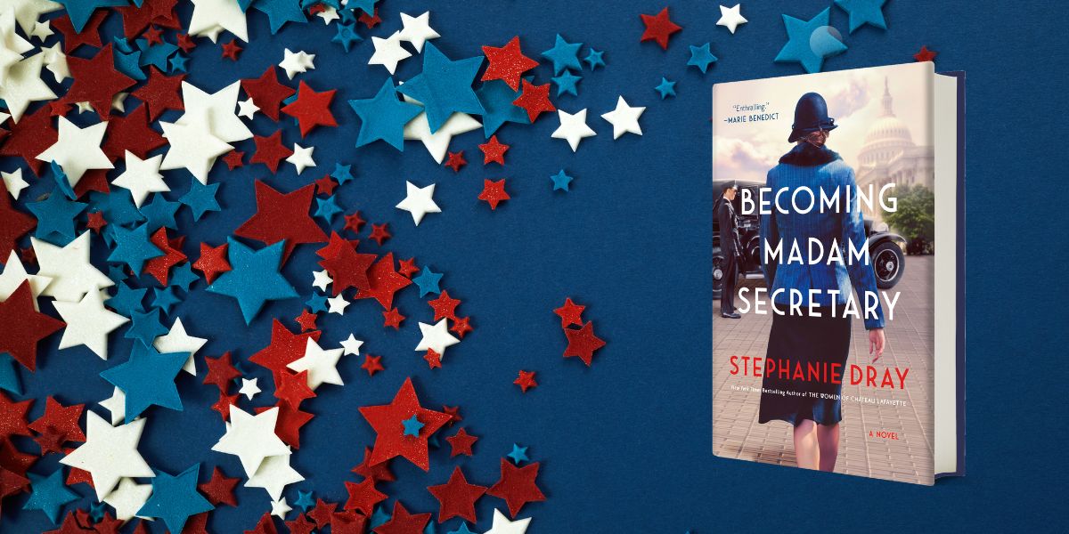 Blue and stars background with the cover of Becoming Madam Secretary on it